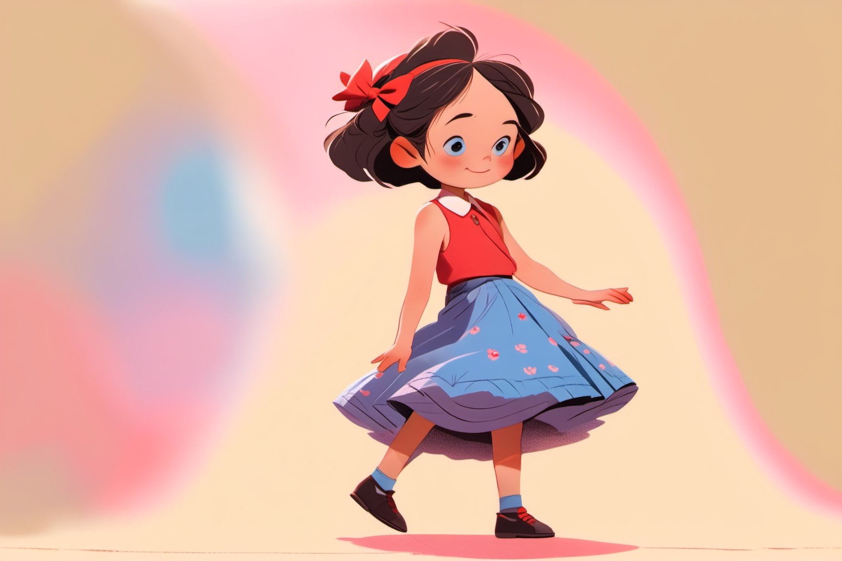 1girl, solo, looking at viewer, smile, short hair, side bangs, blue eyes, skirt, simple background, shirt, black hair, hair ornament, closed mouth, standing, full body, pleated skirt, frills, shoes, sleeveless, legwarmer socks, hairclip, collared shirt, sleeveless shirt, red skirt, brown footwear, pink background, yellow shirt, arms at sides,StdGBRedmAF,<lora:659095807385103906:1.0>