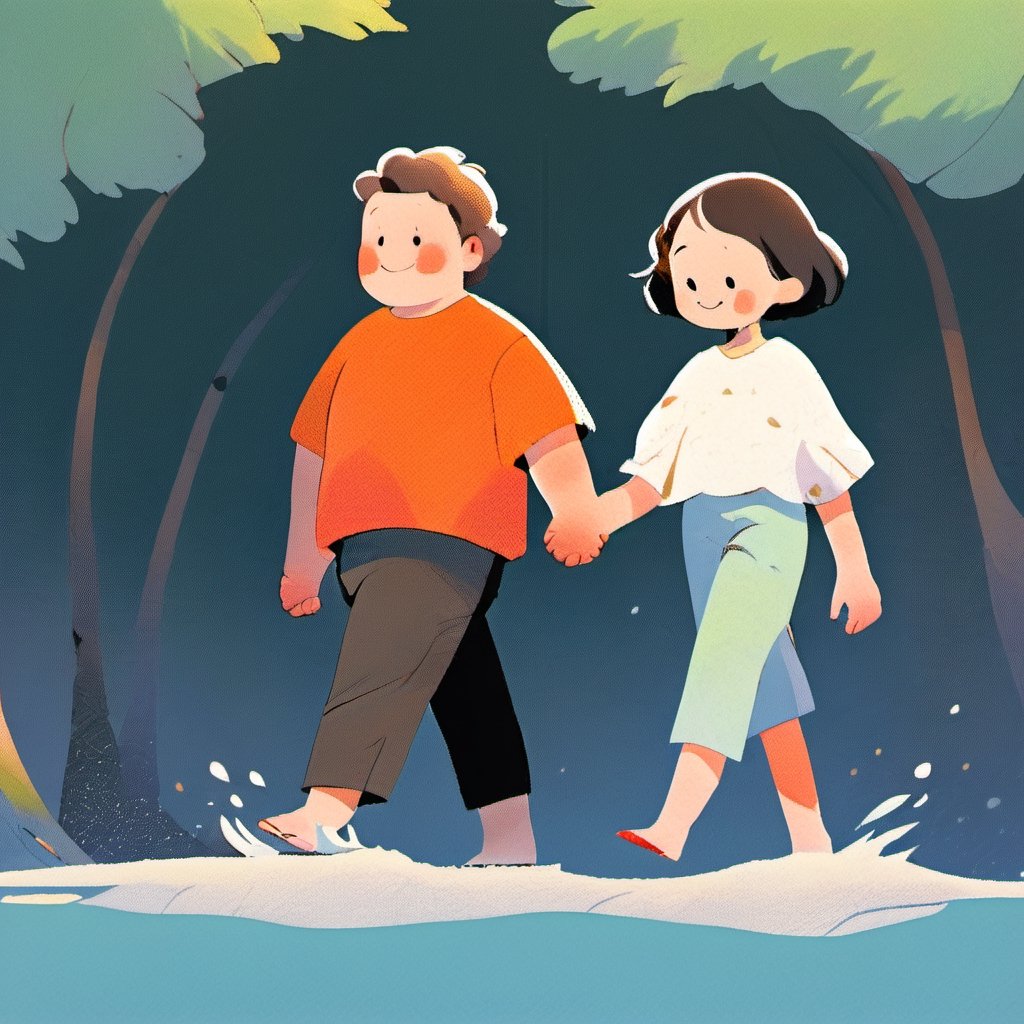 A tall chubby guy with curly hair holding hands with a pale skinny black short haired girl, walking down in a lake. Facing the camera, slowly approaching, Manga page, black background, simple background. with high definition and quality, StdGBRedmAF,fujimotostyle,tonghuazhen,fujimoto
