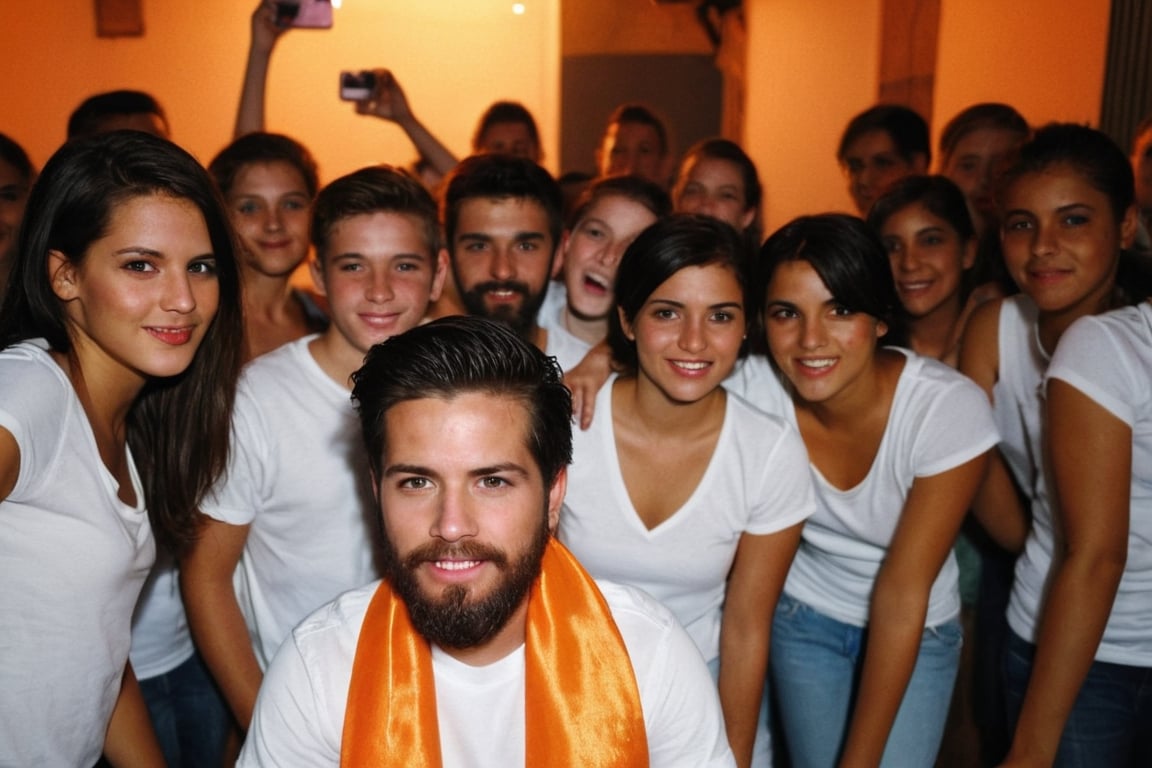 Amateur Cellphone photography photo of a group of girls and boys wearing white tshirt, tshirt, jeans, 18 y/o, beard, Short beard, black beard, hair, hairstyle, long quiff hair, cover shoulders of a orange stole of all girls and bboy, all girls and boys  looking at viewer, texture, hyper realistic, detailed, Night, lighting, outdoor, club, random face of group of girls and boys (freckles:0.2) . f8.0, samsung galaxy, noise, jpeg artefacts, poor lighting,  low light, underexposed, high contrast,
