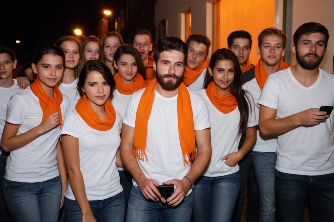 Amateur Cellphone photography photo of a group of girls and boys wearing white tshirt, tshirt, jeans, 18 y/o, beard, Short beard, black beard, hair, hairstyle, long quiff hair, all girls and boys cover shoulders of  orange stole, orange stole, stole, all girls and boys  looking at viewer, texture, hyper realistic, detailed, Night, lighting, outdoor, club, random face of group of girls and boys (freckles:0.2) . f8.0, samsung galaxy, noise, jpeg artefacts, poor lighting,  low light, underexposed, high contrast,
