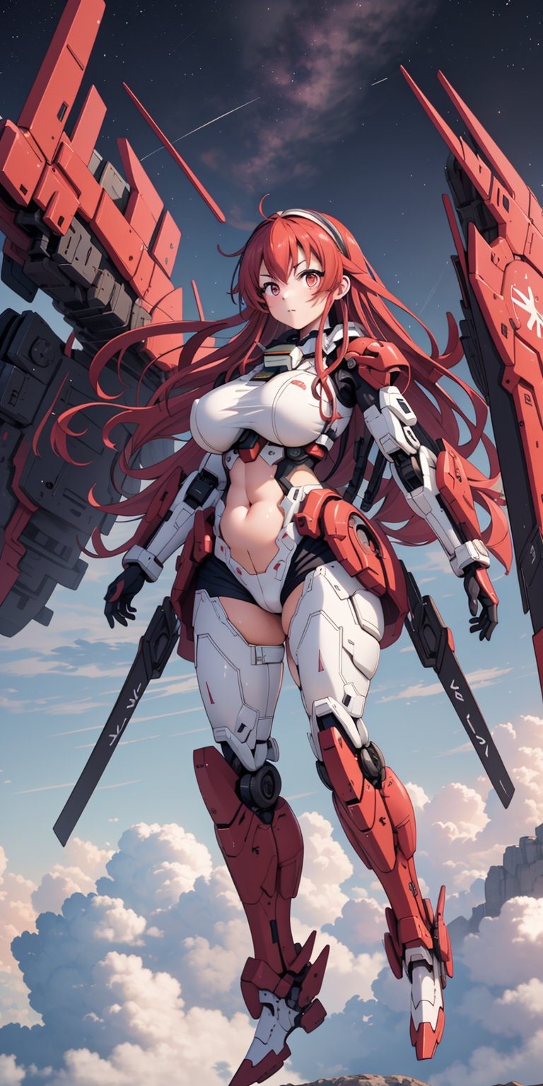masterpiece, ultra detail, ultra HD, detail background, beautiful night, beautiful world fantasy, ultra real, real graphic

((Thicc Girl with big tits)), (kantai collection weapon), body mecha, mecha body, red gundam costume, red gundam armor, accessory red mecha on head, futuristic, flying form, girl flying on the sky high, from_top, large breast, thicc, from Front, wings of gundam, battle form, getting serious, world war, background sky high, background focus, sky high, future spaceship, clouds, cloudy_sky, skyscape, detailed, best graphic, aesthetic, big_boobies , galaxy, nebula, real picture background, stomach,best quality, BJ_Gundam, flying go to sky
