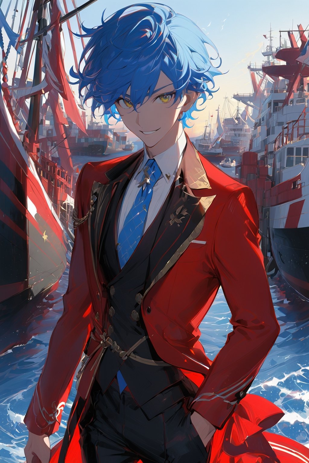 1 boy, alone, short hair, blue hair, wavy hair, pixie cut, bangs, yellow eyes, smile, red suit, red jacket, black vest, white shirt, black pants, blue tie, decorated clothes, perfect light, port, niji5, cowboy shot