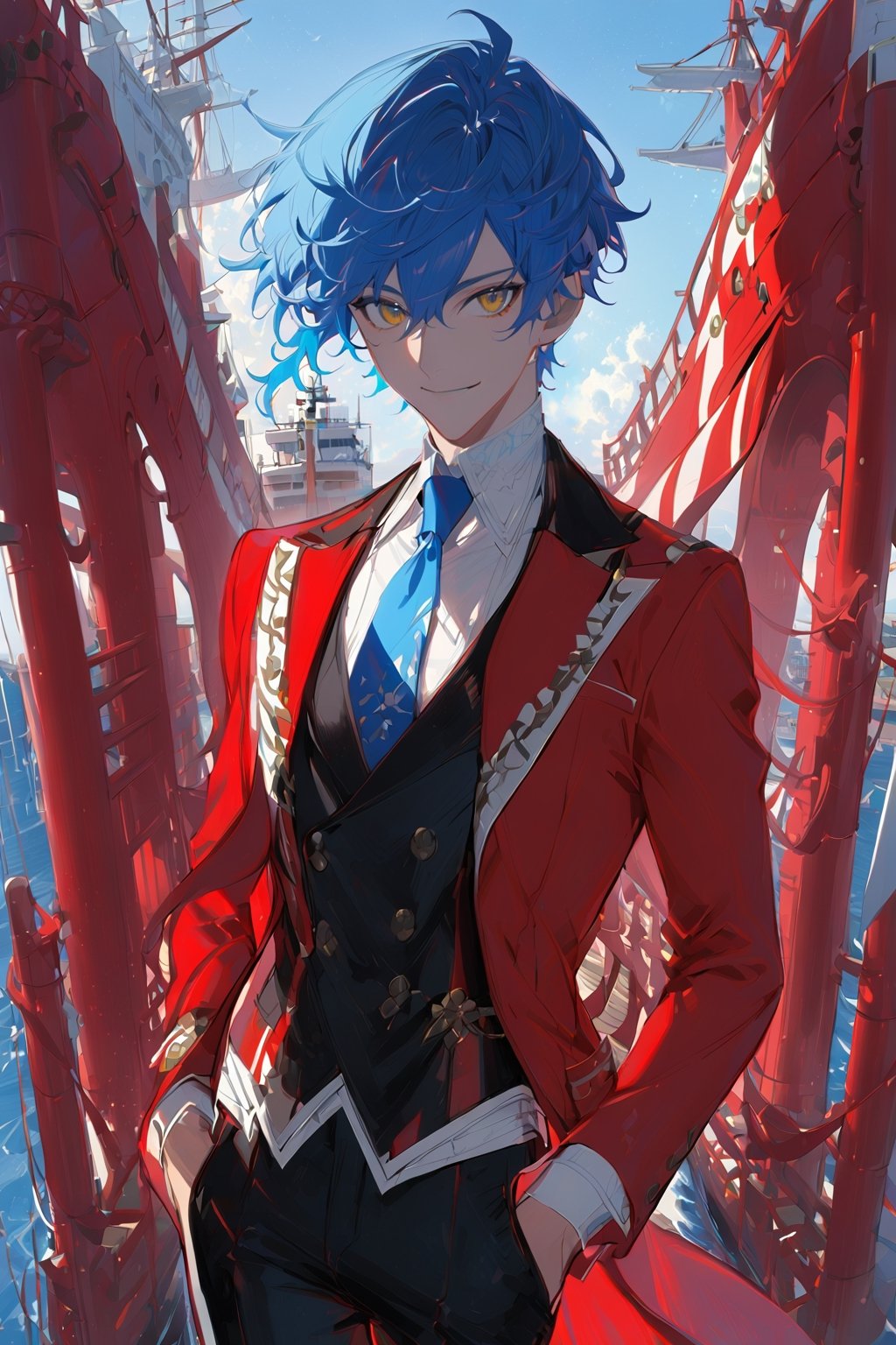 1 boy, alone, short hair, blue hair, wavy hair, pixie cut, bangs, yellow eyes, smile, red suit, red jacket, black vest, white shirt, black pants, blue tie, decorated clothes, perfect light, port, niji5, cowboy shot