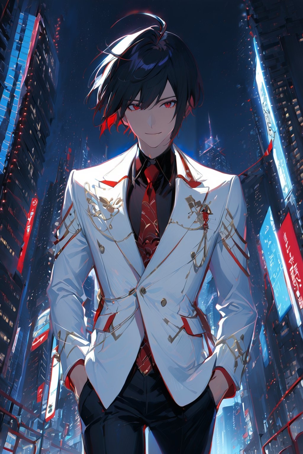 1 boy, alone, short hair, black hair, straight hair, pixie cut, bangs, ahoge, red eyes, smile, white suit, white jacket, blue vest, black shirt, black pants, red tie, decorated clothes, perfect light , night city, niji5, cowboy shot