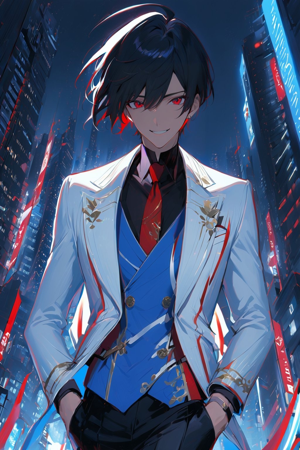 1 boy, alone, short hair, black hair, straight hair, pixie cut, bangs, ahoge, red eyes, smile, white suit, white jacket, blue vest, black shirt, black pants, red tie, decorated clothes, perfect light , night city, niji5, cowboy shot