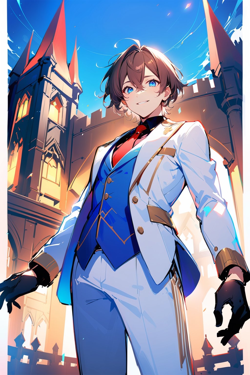 1 boy, alone, short hair, brown hair, bangs, hair between the eyes, messy hair, tuft of white hair, blue eyes, smile, suit, white suit, blue vest, white jacket, black shirt, white pants, ornate clothing , blue light, castle, de noce, from below, red tie, black gloves, cowboy shot