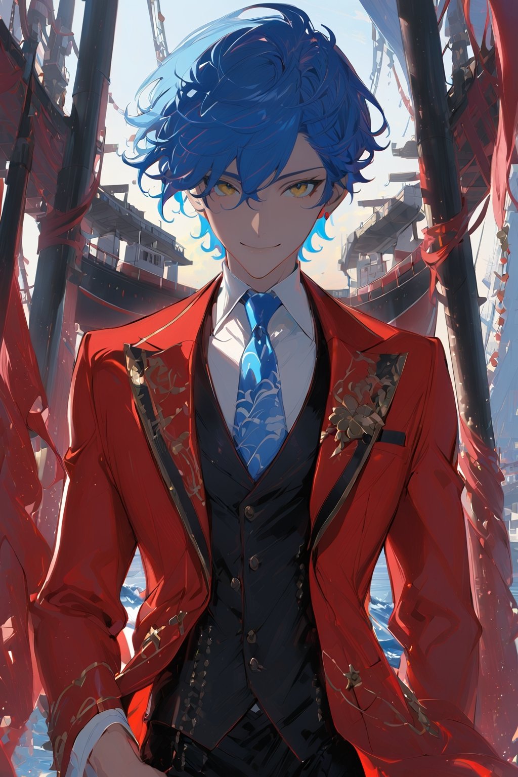 1 boy, alone, short hair, blue hair, wavy hair, pixie cut, bangs, yellow eyes, smile, red suit, red jacket, black vest, white shirt, black pants, blue tie, decorated clothes, perfect light, port, niji5, cowboy shot