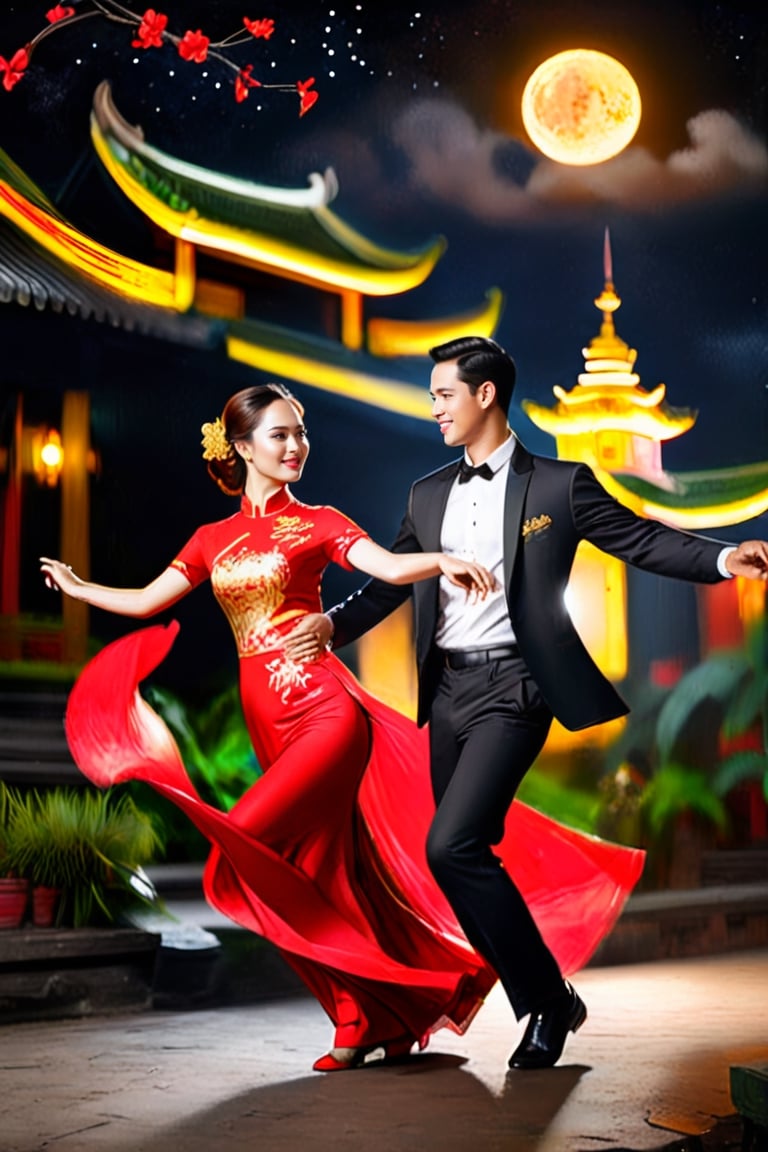 An outine of couple Vietnamese dancing under a dark night sky, black backround, in the style of (light painting)art, The women wear red gold ao dai , the men wear black suit.