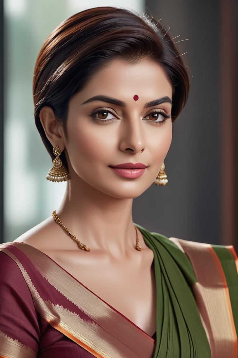 create a hyper realistic vertical photo of Indian most attractive woman in her 50s, short wolf cut hair, trending on artstation, portrait, digital art, modern, sleek, highly detailed, formal, determined, wearing cotton saree, in luxurious office, 36D , fairy tone, fair skin, flirty gaze, anne hathway