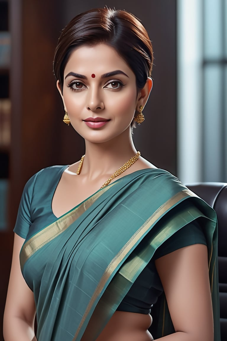 create a hyper realistic vertical photo of Indian most attractive woman in her 50s, short wolf cut hair, trending on artstation, portrait, digital art, modern, sleek, highly detailed, formal, determined, wearing cotton saree, in luxurious office, 36D , fairy tone, fair skin, flirty gaze, anne hathway