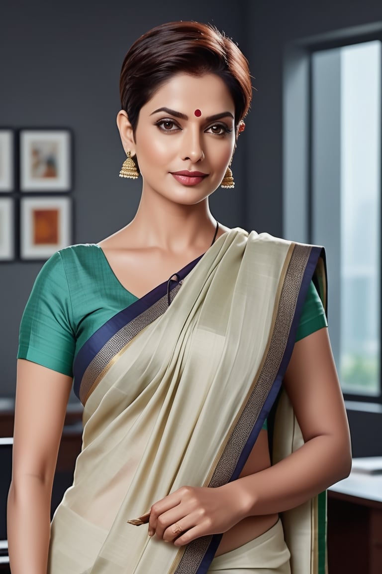 create a hyper realistic vertical photo of Indian most attractive woman in her 50s, short wolf cut hair, trending on artstation, portrait, digital art, modern, sleek, highly detailed, formal, determined, wearing cotton saree, in luxurious office, 36D , fairy tone, fair skin, flirty gaze, anne hathway