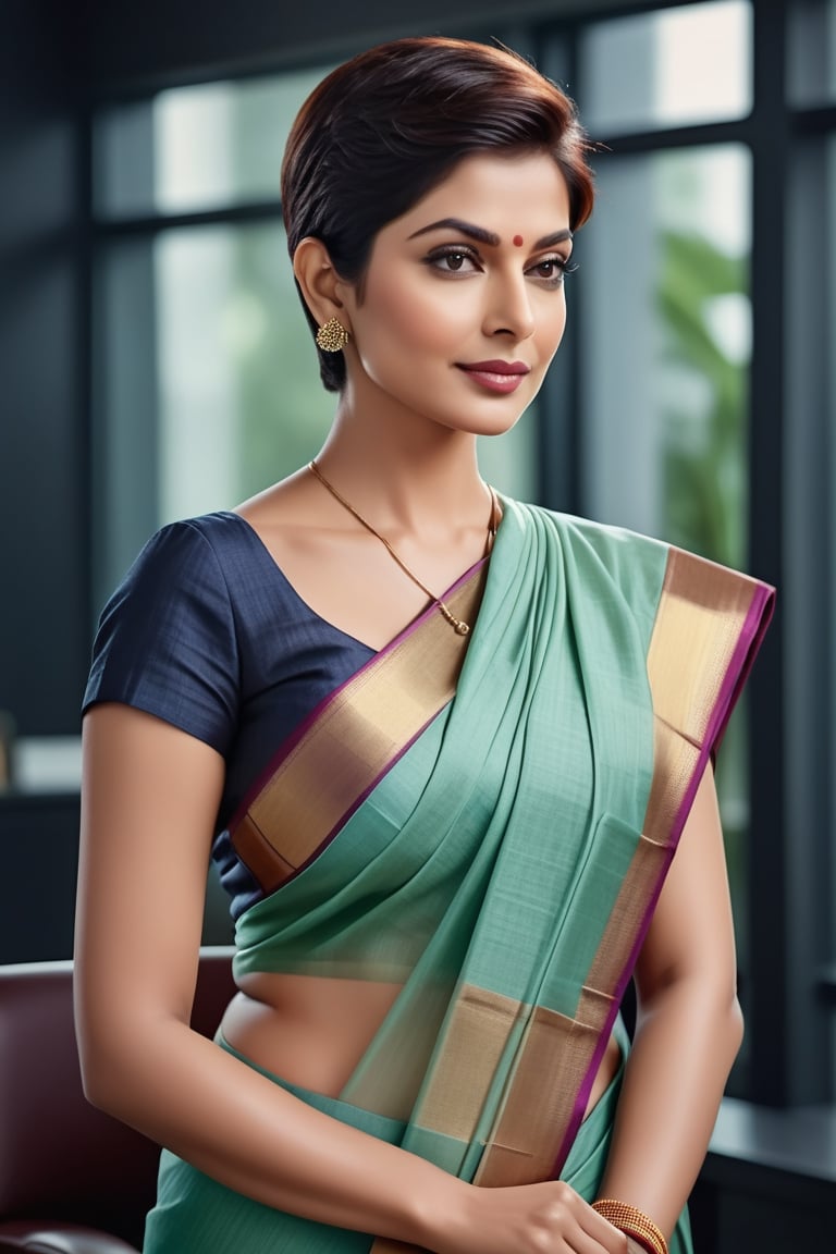create a hyper realistic vertical photo of Indian most attractive woman in her 50s, short wolf cut hair, trending on artstation, portrait, digital art, modern, sleek, highly detailed, formal, determined, wearing cotton saree, in luxurious office, 36D , fairy tone, fair skin, flirty gaze, anne hathway