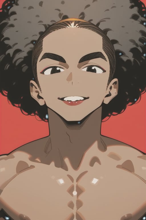 masterpiece, best quality, detail, 1boy, brown_skin, handsome, harmony, mewing, definided jaw, sharp well-contoured jawline, symmetrical, cheekbones, dark skinned, black eyes, face, eyes almond-shaped, afro nose straight proportionate, Cupid's bow on the upper lip, lips are full and well-defined, mouth, groomed eyebrows, black hair,