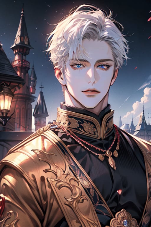 Highly detailed, High Quality, Masterpiece, Beutiful, (Medium long shot) ,anime,1guy, handsome, perfect eyes, perfect nose, standing, castle background, basic prince royal clothes, best quality, white hair, white skin, blue eyes,fantasy,gojo satoru