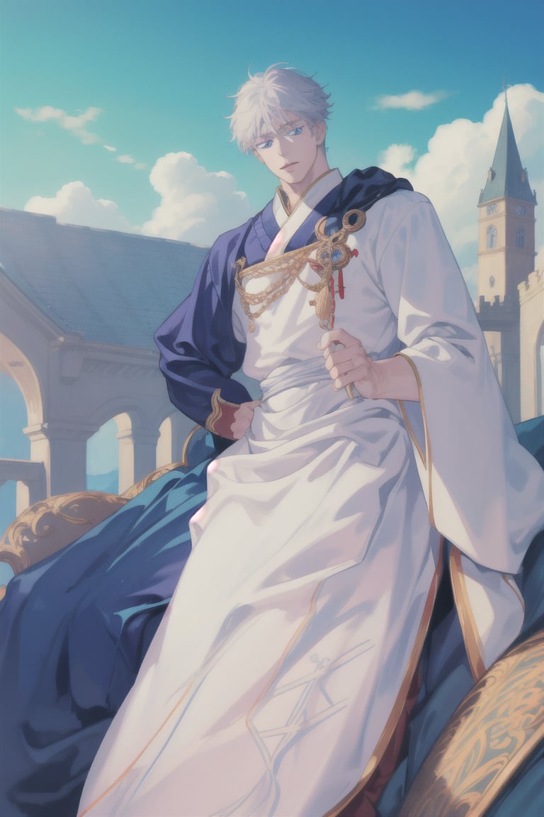 masterpiece, best quality, full detailed, 80s anime,1boy, gojo satoru, handsome, full body, perfect eyes, perfect nose, stand, castle background, basic prince royal clothes, best quality, white hair, white skin, blue eyes,