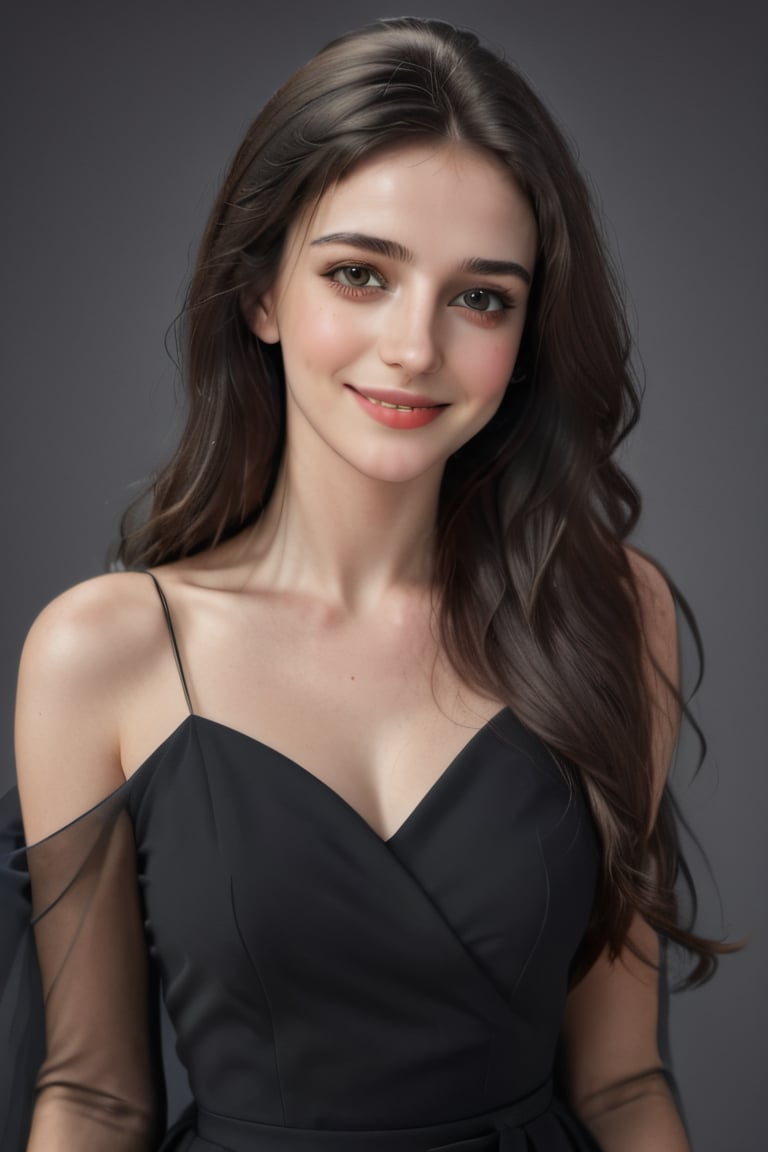 (masterpiece) (Full hd) (Photo), (realistic) 1women, female, Young 23 years old, torso, caucasian, French, white_skin, brown_eyes, black hair, long hair, black_dress, lika solt, pretty, beauty, simple_background, smiling