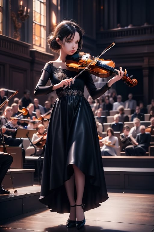 a butiful girl, deep eyes1girl,best quality,masterpiece,fantasy,reality,sci-fi,mole,surreal 8k
Keep standing, the warm lights in the center of the audience, playing the violin, wearing leather shoes,
standing, (music, formal, concert hall, delicate hands, delicate face, male focus),
Detailed musical instruments