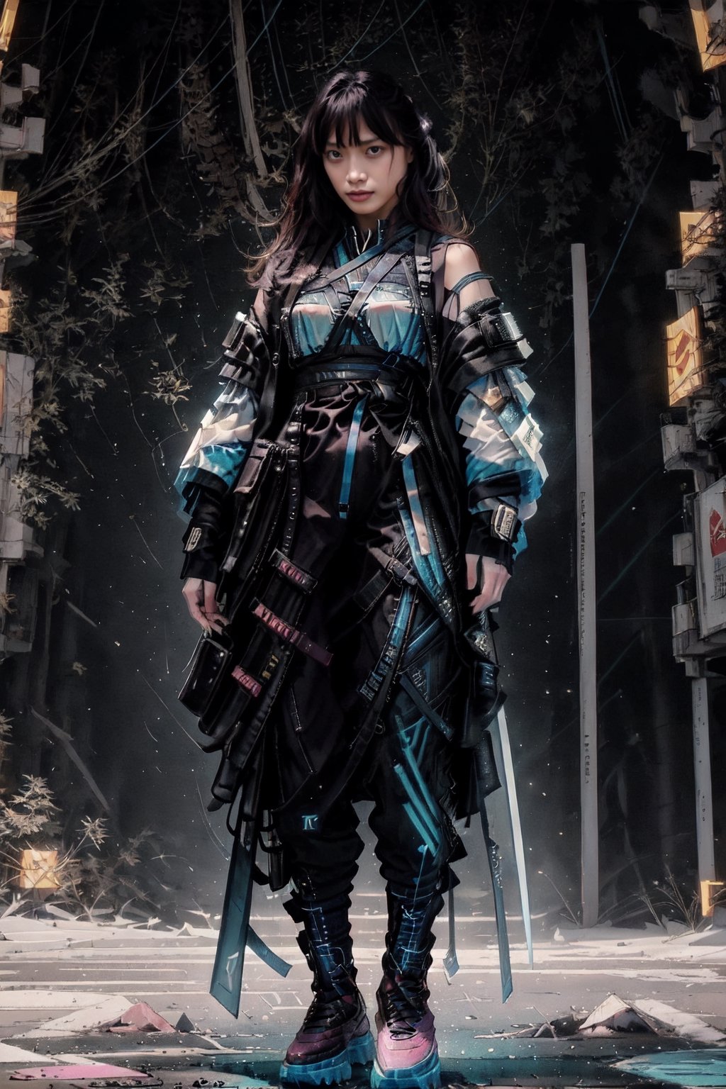 (best quality,8K,highres,masterpiece, ultra-detailed, super colorful, vibrant, realistic, high-resolution), wide view, full picture head-to-toe, colorful portrait of an asian woman with flawless anatomy, her left arm is a mechanical prosthetic. She is shirtless, no bra, but only wearing a blue-coloured clear see-through tactical kimono with no under-garment under it, large-breasted, slim-waisted, huge-hip, baggy cargo pants, doctor marten's high boots, Her tattoed skin is extremely detailed and realistic, with a natural and lifelike texture. Her pink-colored wavy hair is tied in samurai-style high-knot. The background is in the crowd in the middle of cyberpunk city, ((in a bright broad day light)), The lighting accentuates the contours of her face, adding depth and dimension to the portrait. The overall composition is masterfully done, showcasing the intricate details and achieving a high level of realism, techwear, kimono,photorealistic,1girl lacus clyne pink hair blue eyes,DonM3l3m3nt4l,firefliesfireflies,IncrsNikkeProfile,Extremely Realistic,dream_girl,Samurai girl,Pixel art,tech