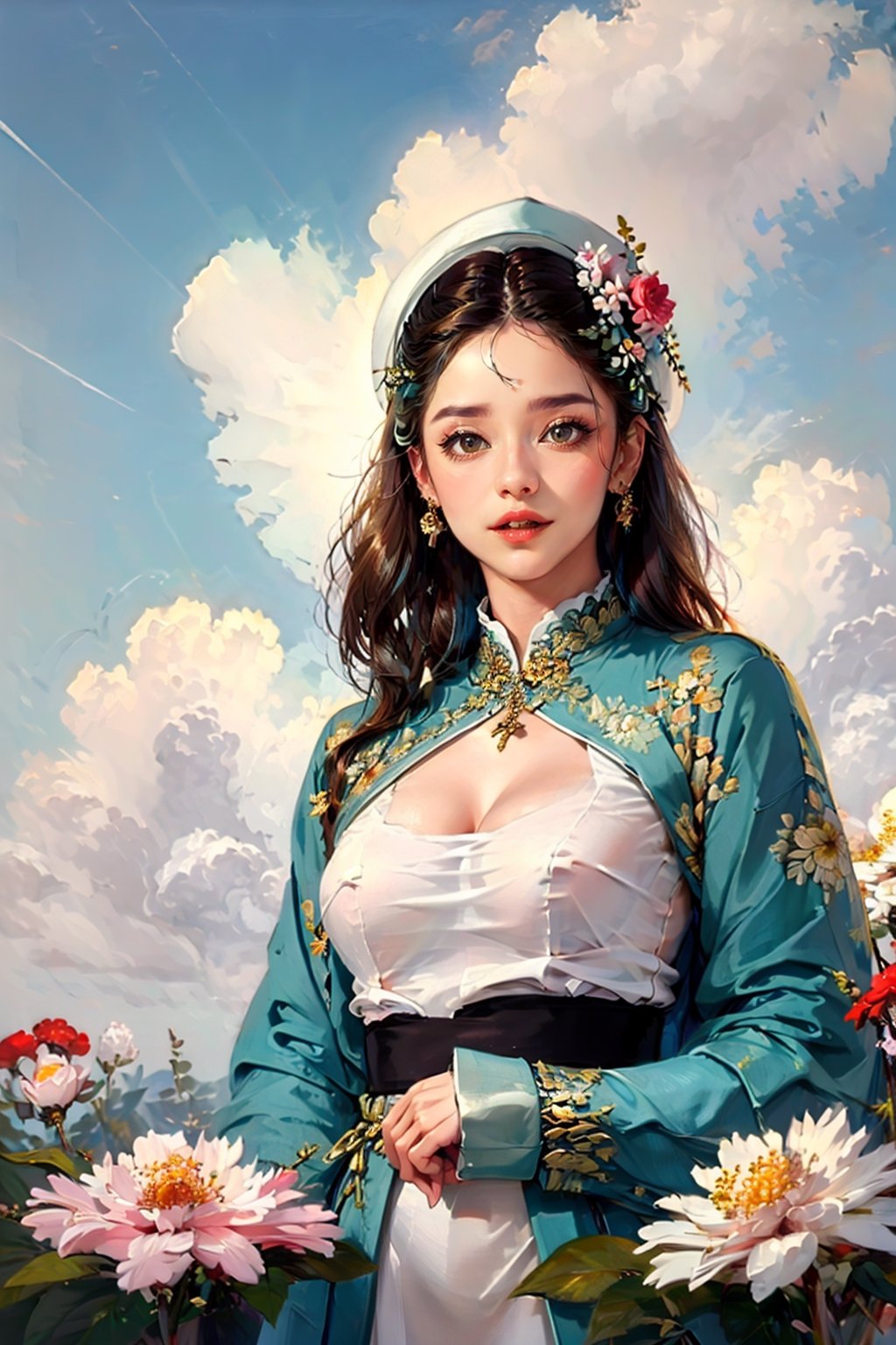 EpicArt, (realistic,best quality:1.2), a sky full of flowers,cloud, 1girl, wear ao dai, hat,EpicArt