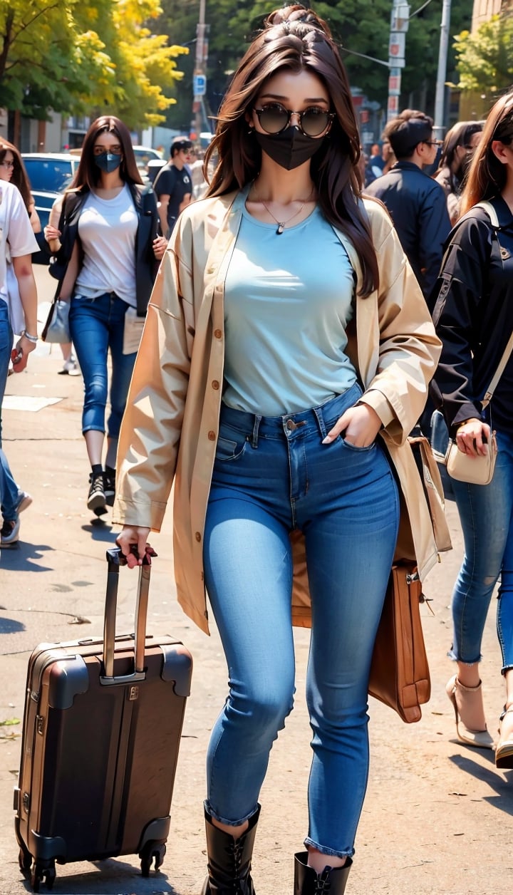 long hair, multiple girls, brown hair, shirt, black hair, 2girls_at_same_frame, jacket, boots, outdoors, day, pants, black footwear, tree, mask, sunglasses, denim, ground vehicle, motor vehicle, jeans, mouth mask, car, road, suitcase, luggage