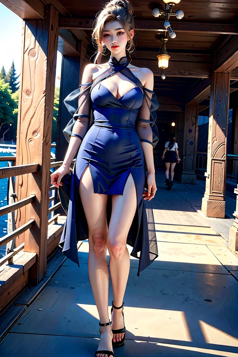 (masterpiece),  realistic,  far to shot,  image of a Japanese female,  full body to feet,  high quality,  8K Ultra HD,  photorealistic has a fully detailed mature face,  Realistically not Ai,  36D, NATURAL,  charming,  detailed face, a sweet girl have long legs with high heels on the footbridge.,1girl, solo, lacus1, 1girl