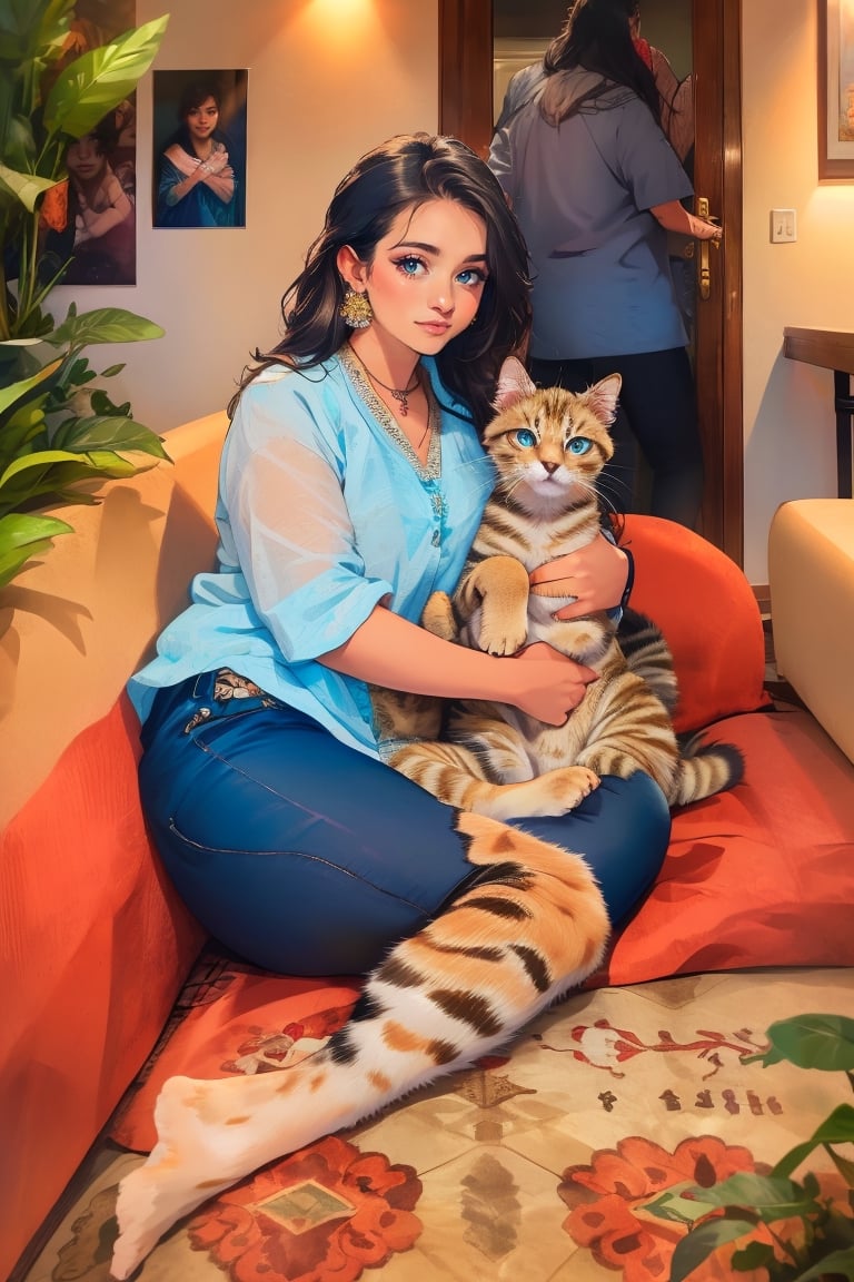 portrait of a girl name atika, full body in frame, round face, Indian bengali girl, Instagram influencer, black long hair, glossy juicy lips,blue eyes cute, kurti, 18-year-old girl, wearing casual clothes, on the couch at home, cuddling with super cute kitten, very innocent kitten in her hands