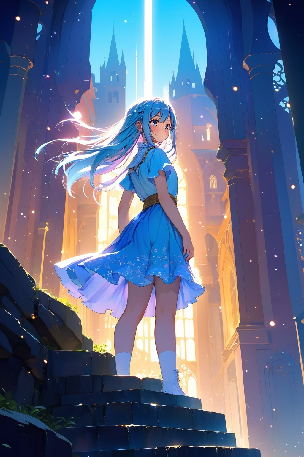 masterpiece, best quality, extremely detailed, (illustration, official art:1.1), 1 girl ,(((( light blue long hair)))), light blue hair, ,10 years old, long hair ((blush)) , cute face, big eyes, masterpiece, best quality,(((((a very delicate and beautiful girl))))),Amazing,beautiful detailed eyes,blunt bangs((((little delicate girl)))),tareme(true beautiful:1.2), sense of depth,dynamic angle,affectionate smile, (true beautiful:1.2),,(tiny 1girl model:1.2),(flat chest)), 
Soft Focus , (Masterpiece, top quality, super detailed CG, ultra detailed beautiful face and eyes,super detailed, intricate details:1.2), 8k wallpapers, elaborate features,
(1 person, solo:1.4)perfect cartoon illustration,(1 person, solo:1.4)
(realistic textures:0.8), high res, cute, (vivid colors, dynamic lighting:1.0), (high contrast:0.8),
A girl (in her teens) with a mysterious atmosphere overlooking the lowlands from the top of a steep cliff, very pretty face, long glossy blue hair, clear sky-blue eyes, clear skin, slender arms and legs (both barefoot), wearing only a white dress that reaches down to her calves, surrounded by blue phosphorescence. Blue phosphorescence surrounds her, ruins spread far and wide in front of her, the place is a fantastic and vast urban ruin, the time is night and the area is dark, but stars and a big moon are shining brightly in the sky, back view, so that her whole body is included in the illustration.,Human bones,prison,,Brilliant and colorful paintings、Grasp the great sword with 、Holding the Great Sword、（church、HighestQuali,astonishing detail：1.25）,,Brilliant and colorful paintings,Wielding the legendary sword、(((+++Black mist clinging to the body))))],Most Beautiful Form of Chaos、,holding a sword,glowing sword,Architectural100