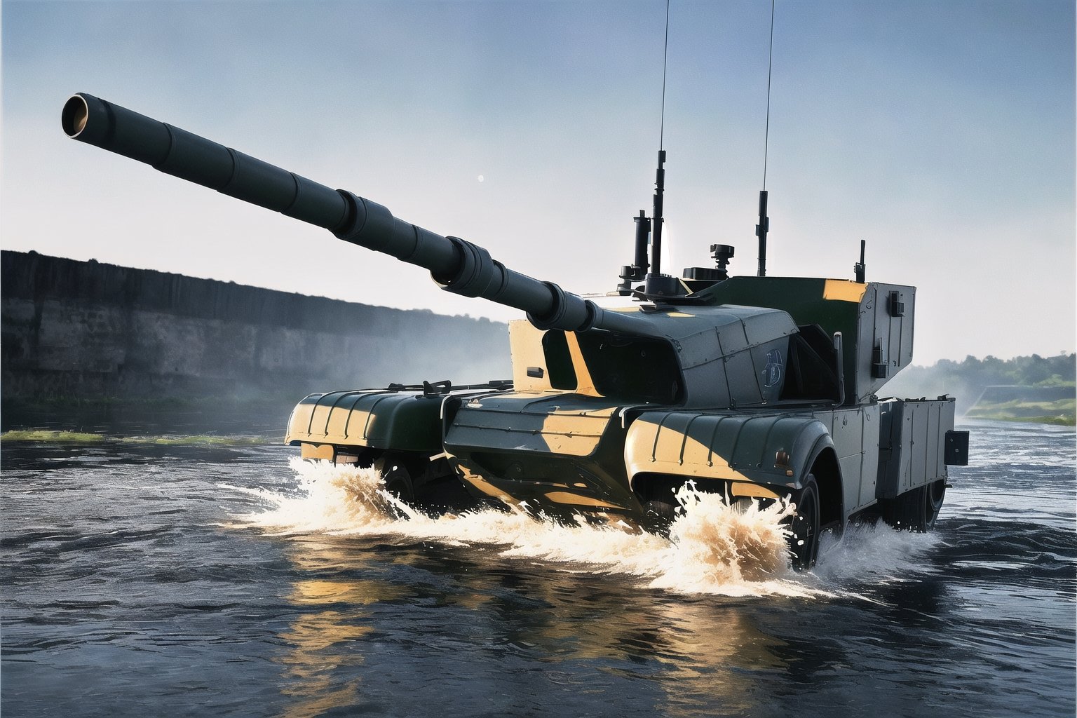 ((very good quality image)) ((highly defined details)) ((ultra realistic image)) ((hd)) ((incredible colors)) 1 tank, model T90, crossing a river, being hit in the side by a projectile, splashing water