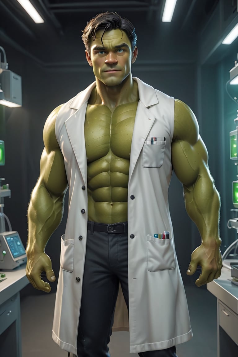 photo of handsome man, 30 year old Norwegian man, hulk, from the "Avengers", (standing in a secret technology laboratoire), epiC35mm, film grain, (freckles:0.0), full body shot, (plain background:1.6), very muscular body, green skin, (((lab coat))), short black hair,  photo of perfect eyes, dark eyes, smiling face,