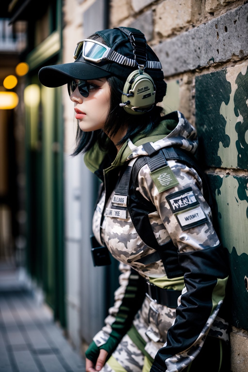 Create the character of Ela agent from Rainbow Six, black baseball cap with protective glasses on her head, noise protectors and intercom on. short, dark green hair, (((light camouflage military jacket))), green lycra, fingerless gloves, military accessories on the legs, thin face, lip details. posture leaning against a wall, ((sensually)) face in profile looking at the viewer out of the corner of his eye.