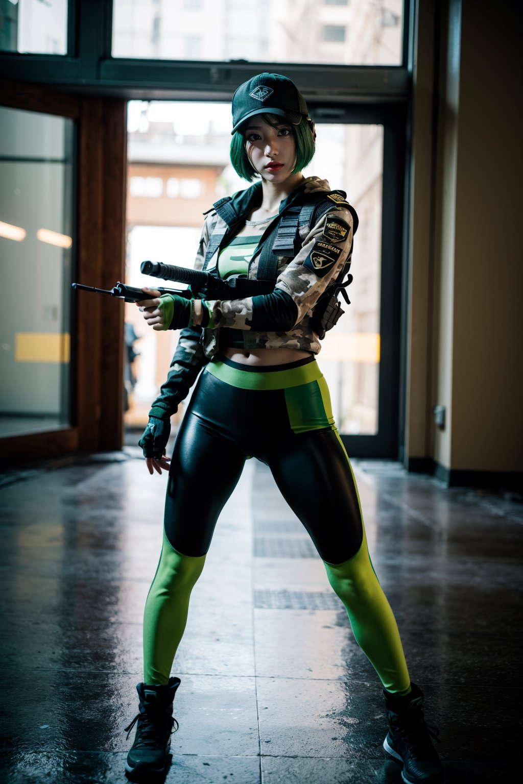 Create the character of Ela agent from Rainbow Six, baseball cap, short dark green hair, light camouflage jacket, green lycra, fingerless gloves, military accessories on the legs, thin face, lip details.