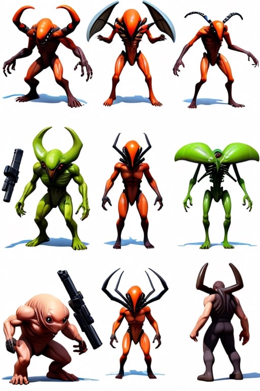 Professional game assets sheet for first person shooter game. Game enemies, 3d style, high quality renders, anime, alien, infestion, insect, humanoid, warrior, flat white background, good quality, detailed, Pixel Art, t-pose, game art, front view, low poly, retro, psx, dark colors, doom, quake, hexen