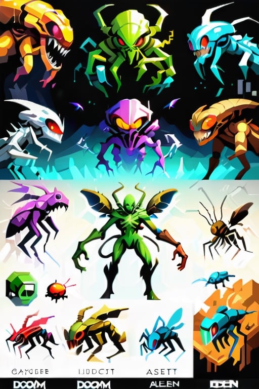 Professional game assets sheet for first person shooter game. Game enemies, 3d style, renders, alien, infestion, insect,  flat white background, good quality, detailed, Pixel Art, t-pose, game art, front view, low poly, retro, psx, dark colors, doom, quake, hexen