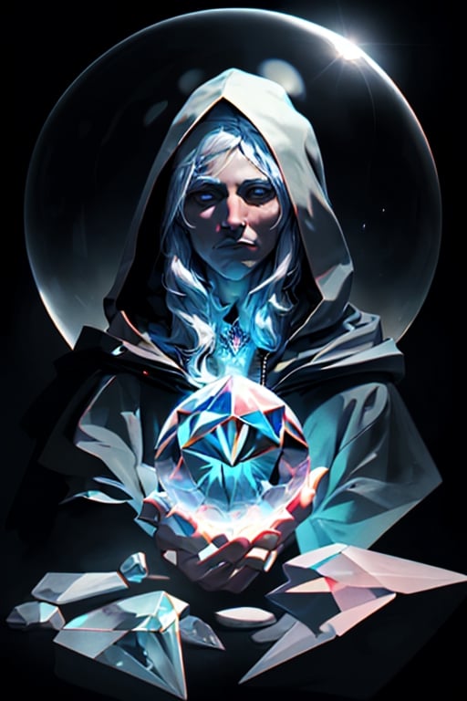 portrait of a wizard wearing a hood holding a crystal ball