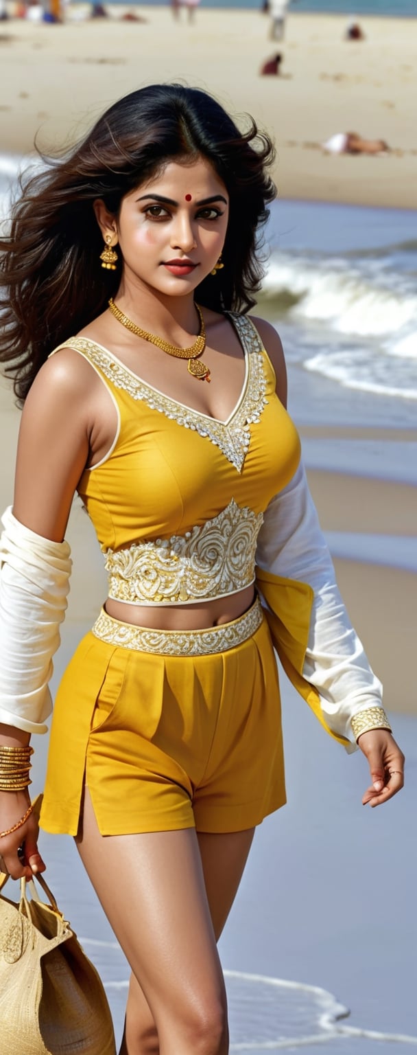 Aerial view,  
create a artistic image of a beautiful woman like movie actrress late divya bharti with free hair walking on beach wearing an intricately designed short big neck yellow top and short full lenght landscape ultradetailed ultrarealistic face, 8kUHD,  close-up , Extremely Realistic, 