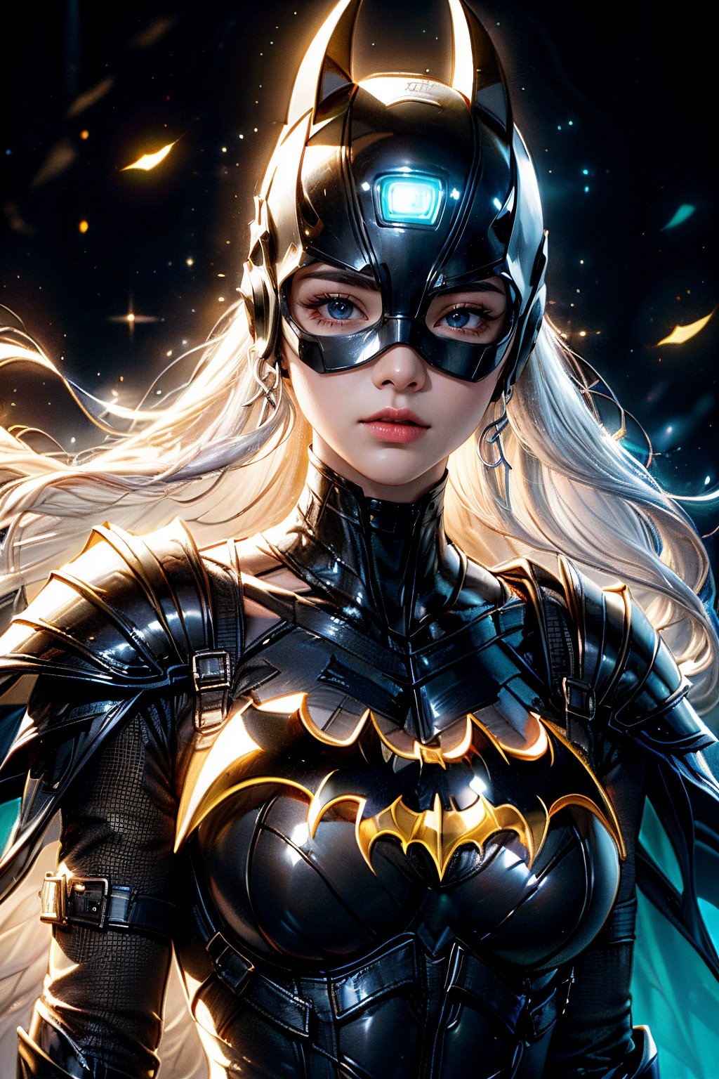 (perfect prompt word,exquisite texture in every detailfinely detailed,highres 32k wallpaper,(HDR:1.4),(Vivid Color:1.4),ultra highres,masterpiece,ultra realistic，The atmosphere is captured in high grain, reminiscent of ISO 800 film with wide angle.real girls, photorealistic，REALISM)，
((Batgirl suit)),
dou,
full armor,
glowing halo,
humanoid robot,
kabuto (helmet),
kusazuri,
looking at viewer,
solo,
split theme,
suneate,
((white and black armor),(shoulder armor),(pauldrons),(japanese armor)),
((white eyes),(glowing eyes)),
((white hair),(very long hair),(floating hair)),