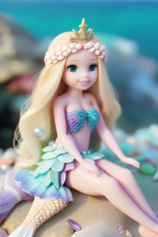 A mermaid with long blonde hair decorated with various seashells, wearing a pastel mermaid outfit, sits on a rock.