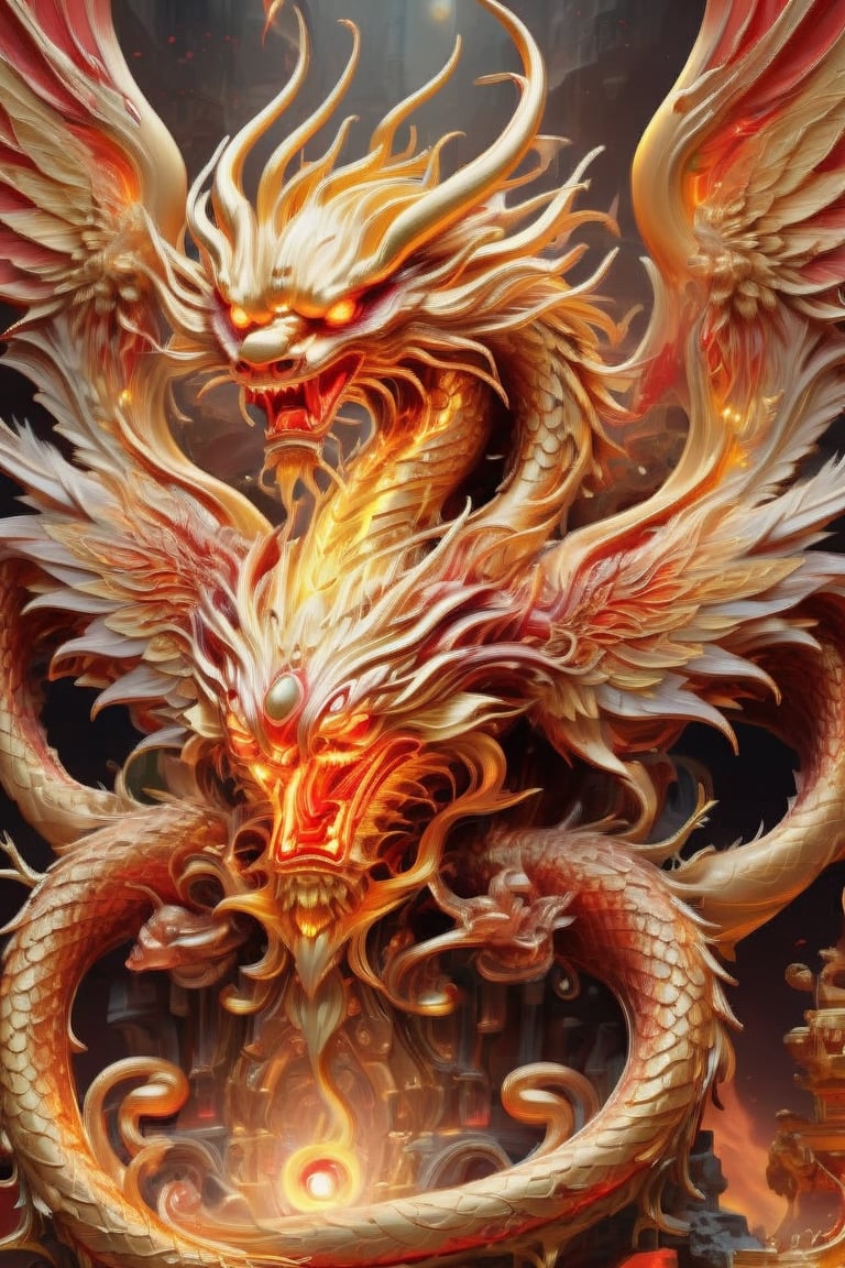 create fallen archangel,detailed angel wins, bloodlust, red glowy eyes, eerie, creepy, nightmarish, very bright colors, light particles, wallpaper art, cosmic energy,high detailed,dragon chinese,golden dragon