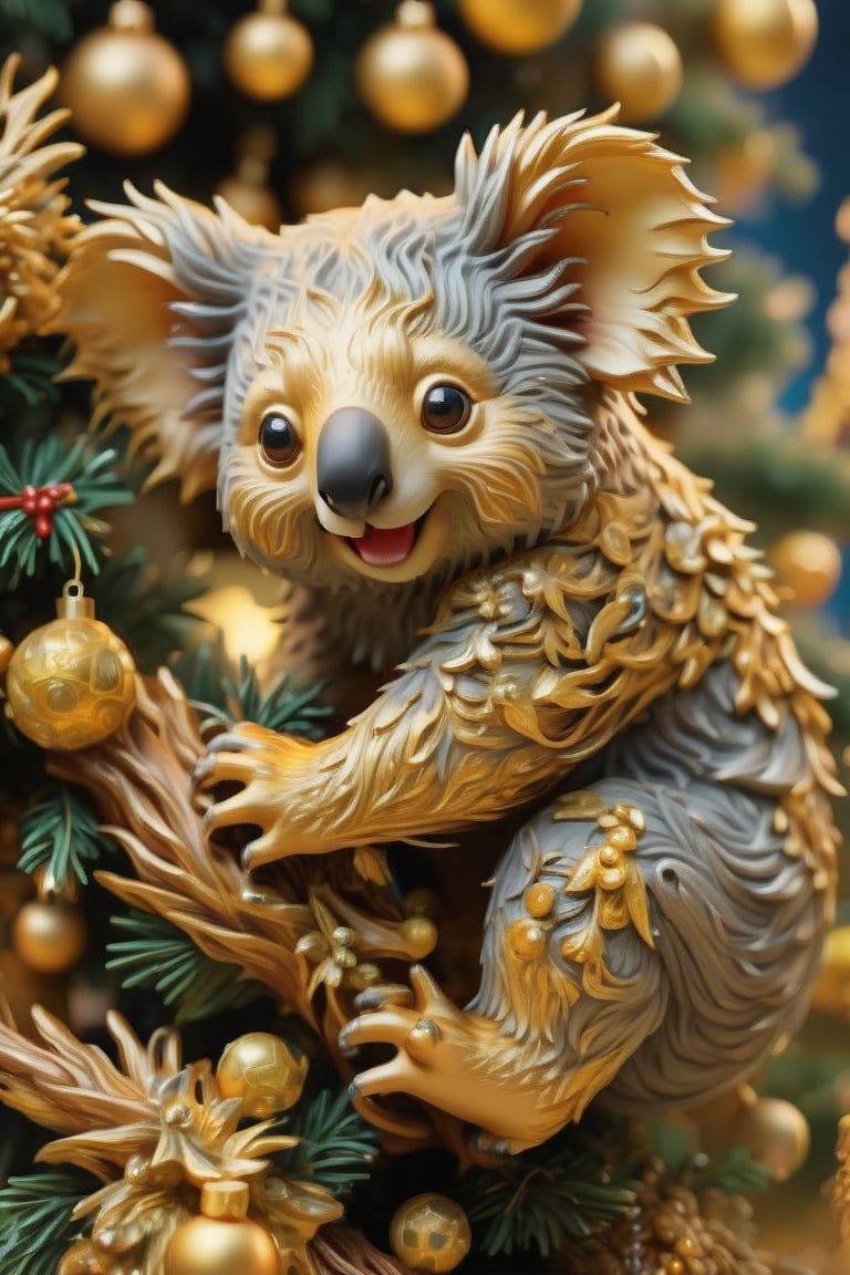 koala bear climing a Christmas tree, extreme detail, great realism, Miki Asai Macro photography, close-up, hyper detailed, trending on artstation, sharp focus, studio photo, intricate details, highly detailed, THM style,dragon chinese,golden dragon