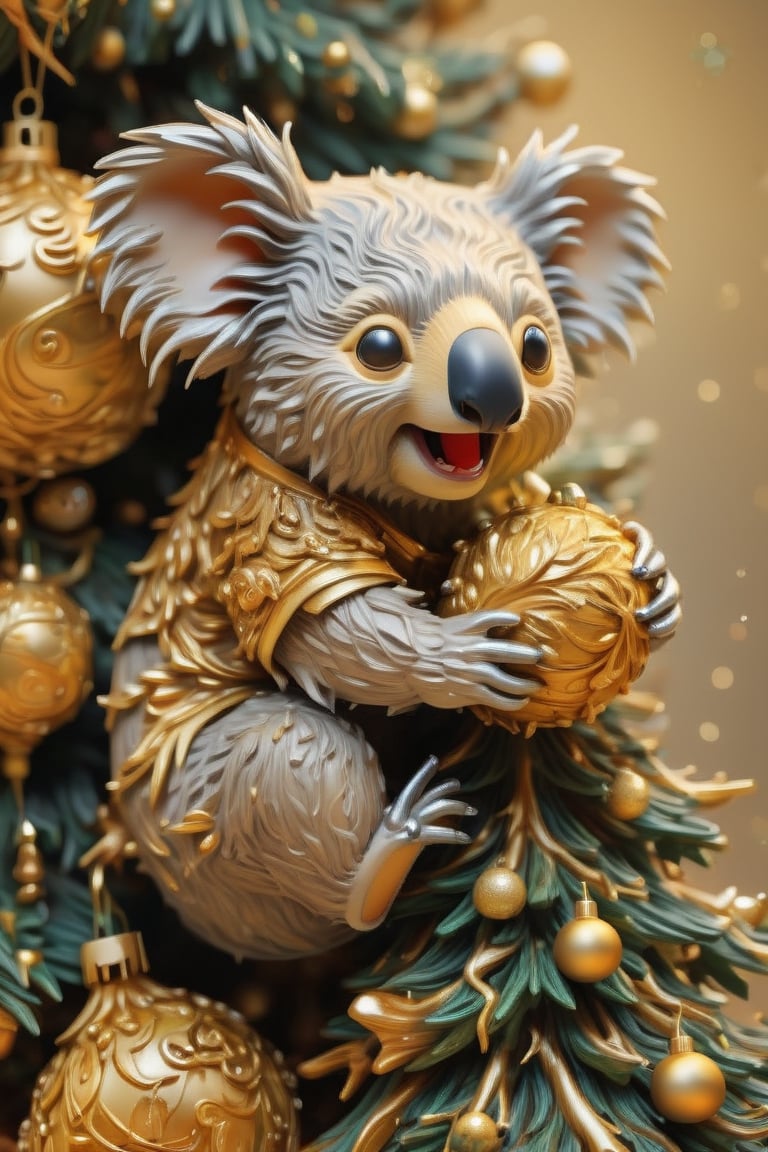 koala bear climing a Christmas tree, extreme detail, great realism, Miki Asai Macro photography, close-up, hyper detailed, trending on artstation, sharp focus, studio photo, intricate details, highly detailed, THM style,dragon chinese,golden dragon