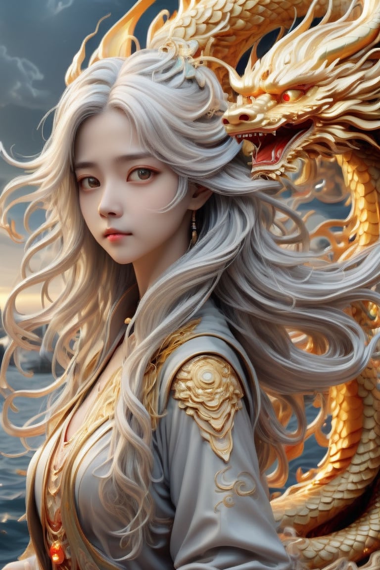 ((masterpiece)), ((best quality)), ((illustration)), extremely detailed,style girl, long shot, small breast,light grey very_long_hair, scifi hair ornaments, beautiful detailed deep eyes, beautiful detailed sky, beautifuldetailed water, cinematic lighting,dragon chinese,golden dragon