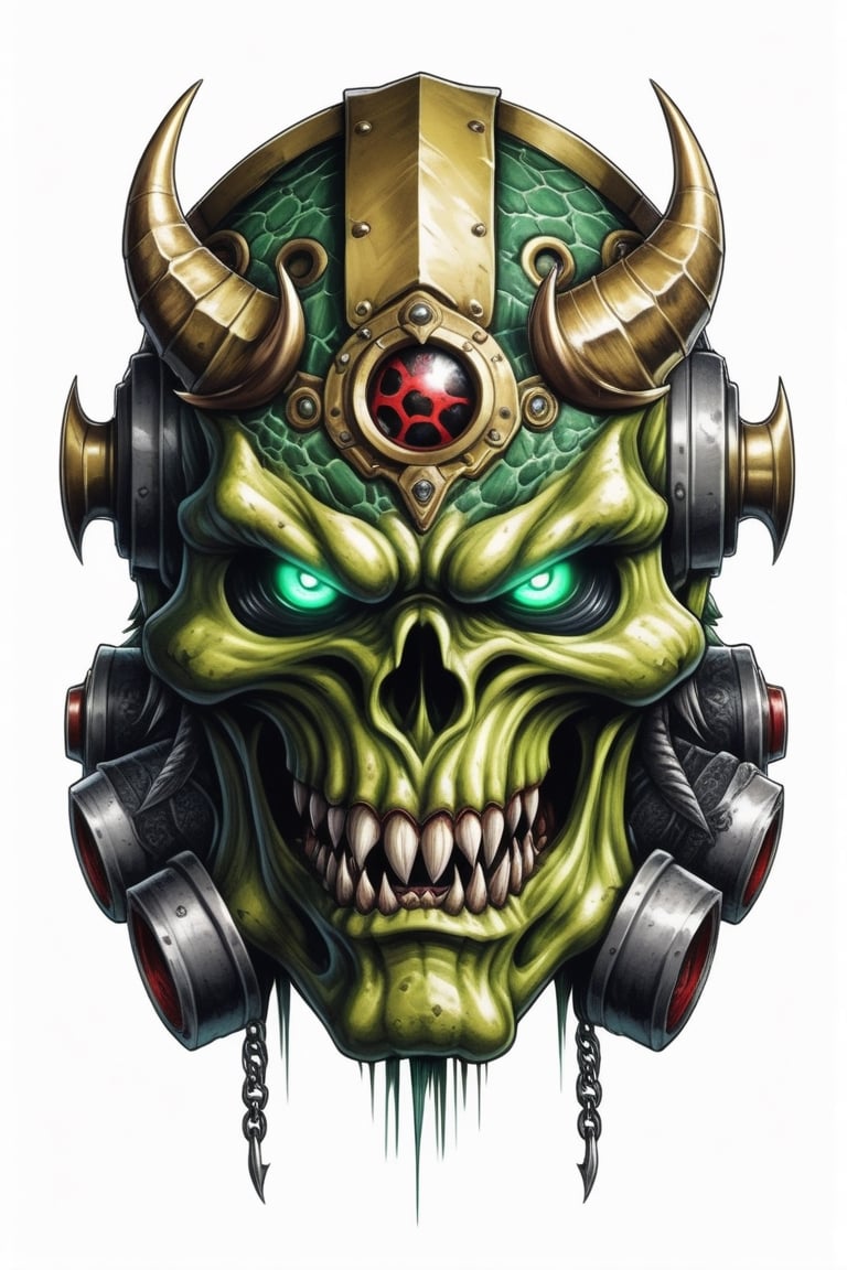 The mouth is torn long and the teeth are sticking out. The Japan classic monster with a rugged face with horns on its head,  tattoo design,  white background, detailed image,darkart,comic book, GREEN COLOR