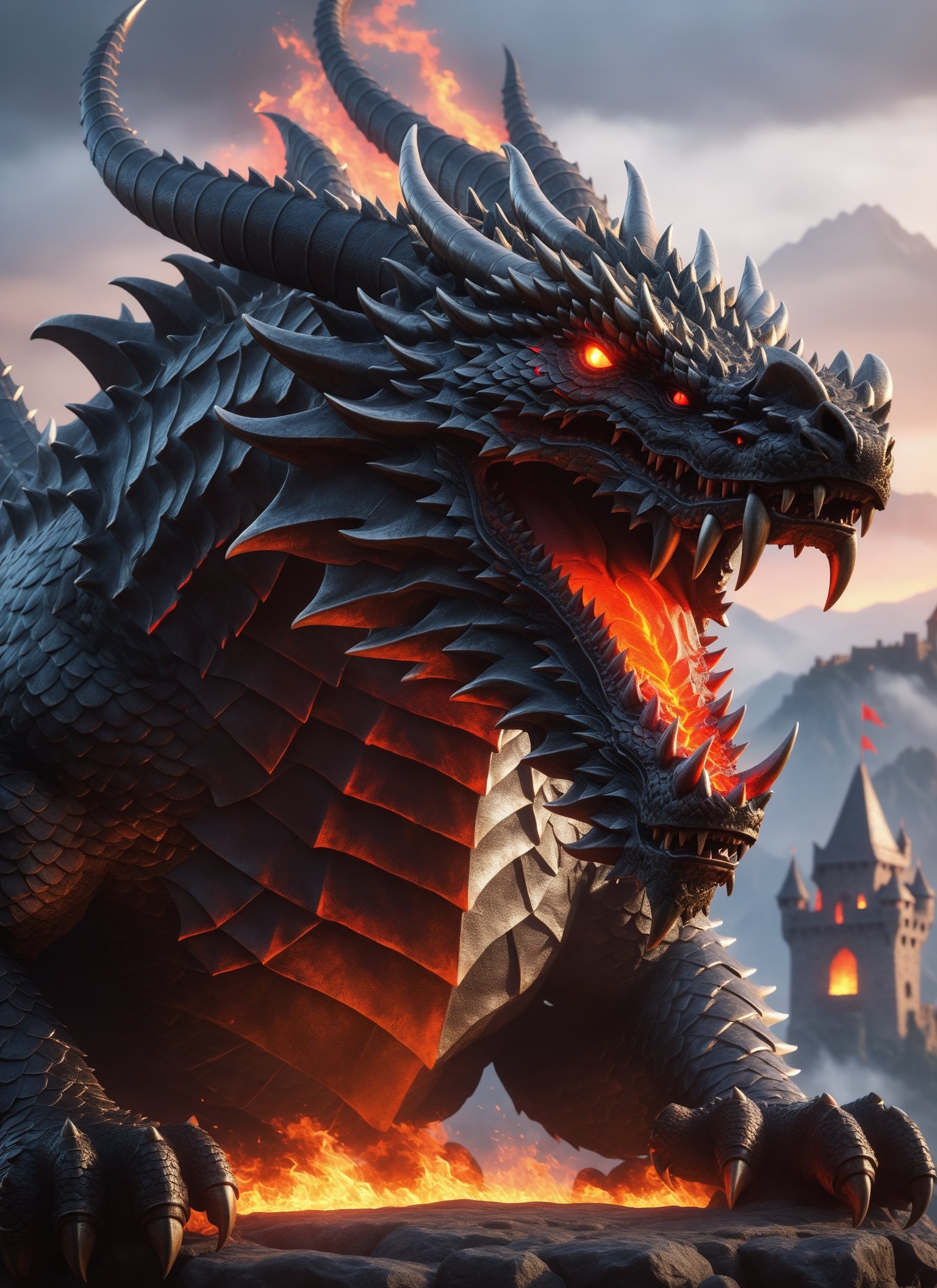 fearsome dragon, kneeling over castle 1:3, breathing fire from mouth, hellish background with castle in sight, cool, asthetic, full dragon in frame, full dragon in picture, red glowing eyes (masterpiece), (extremely complex: 1.3), dark setting, lava flowing from castle, highly detaited, 8k, 1000mp, ultra sharp, master peice, realistic, detailed body, 4k body, 4k detailed, beautiful lighting,