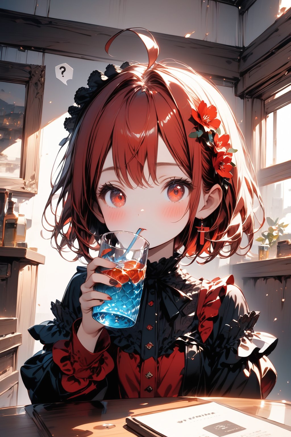 //quality, masterpiece:1.4, detailed:1.4, best quality:1.4,//,1girl,solo,//,red hair,short hair,ahoge,sidelocks,beautiful detailed eyes,glowing eyes,red eyes,//,hair_flowers,(bee_wings),black gothic_lolita,//,blush,expressionless,speech_balloon, (spoken_question_mark),?,??,//,(standing), drinking, drinking_glass,glass of (water),(holding glass of water),//,indoors,room,western style house,Details,Detailed Masterpiece,Deformed, close-up portrait 