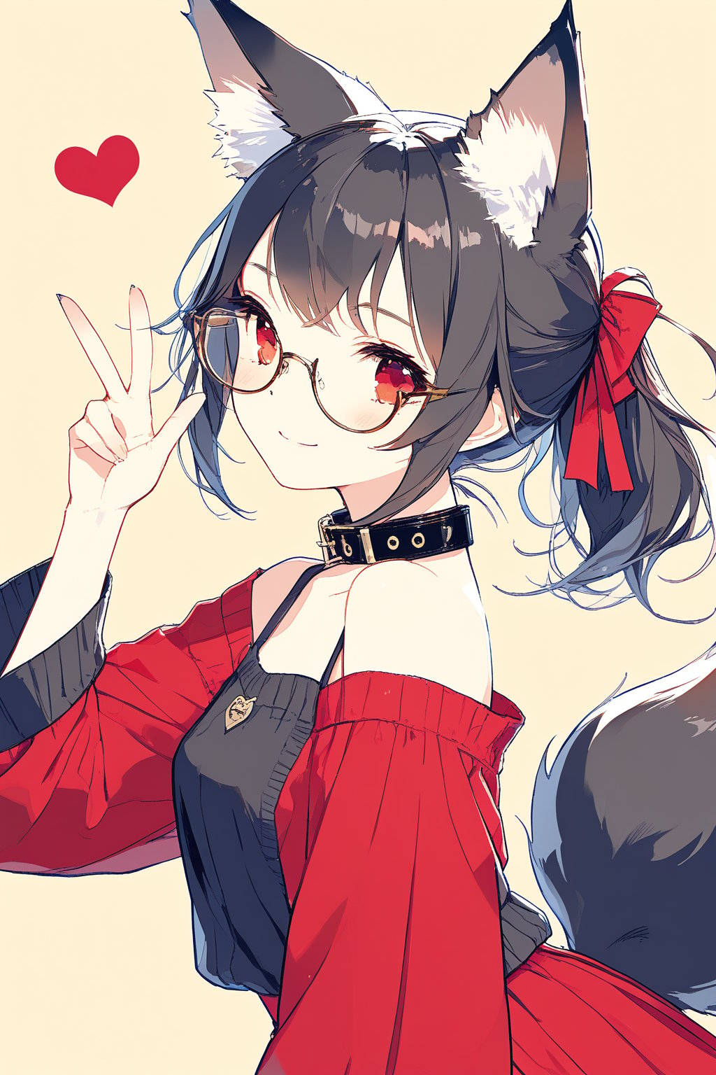 //quality, masterpiece:1.4, detailed:1.4, best quality:1.4,//,1girl,solo,Tekeli,black fox ears,animal ear fluff,black fox tail,black hair,red inner hair,short ponytail,sidelocks,red eyes,red_glasses,fashion,cat_collar,blush,looking_at_viewer,from_side,(v,v-sign)