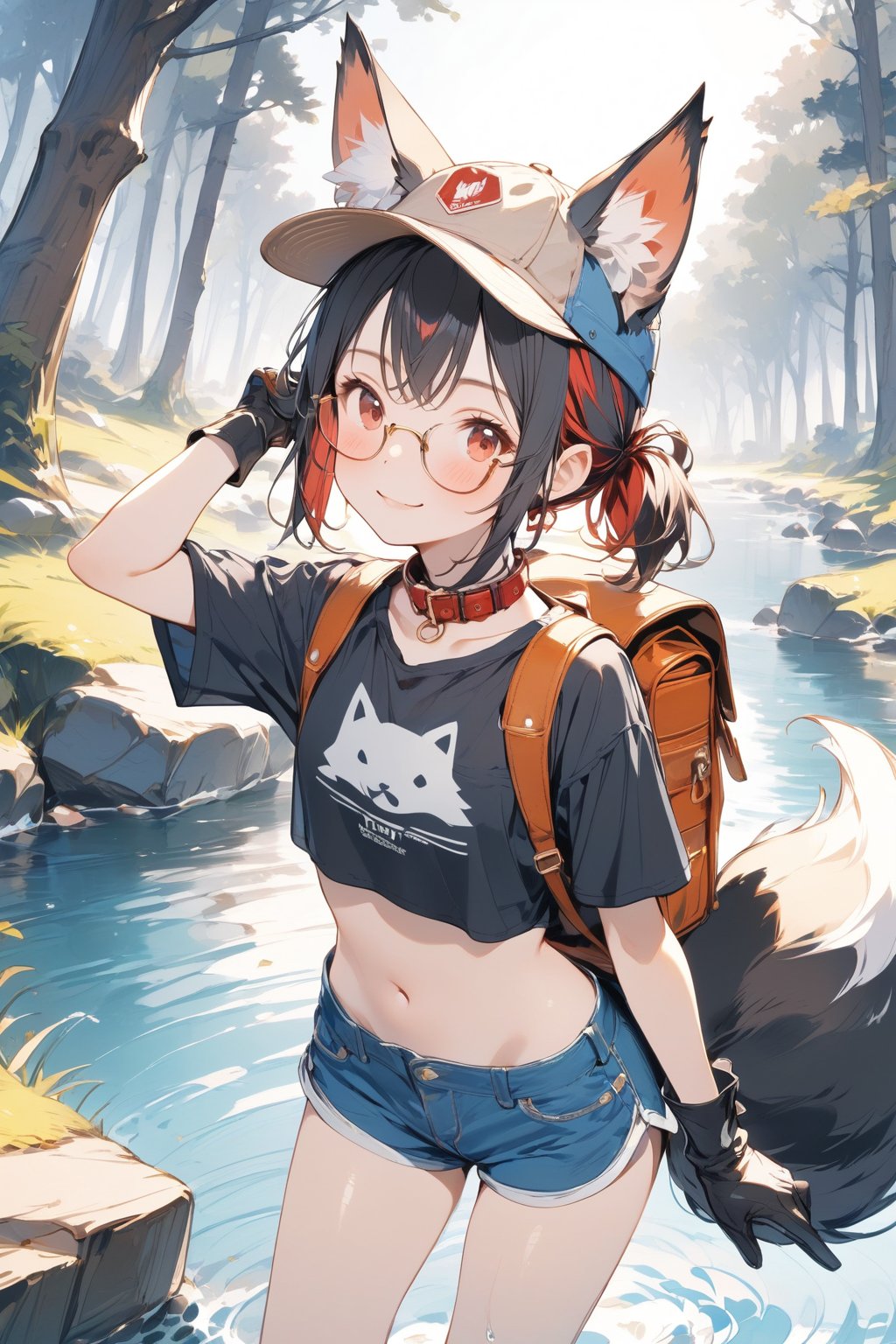 //quality, masterpiece:1.4, detailed:1.4, ,best quality:1.4, //, 1girl,solo,Tekeli,//,black fox ears,animal ear fluff,(black fox tail),black hair,red inner hair,(short ponytail),sidelocks,red eyes, navel,//,fashion,(adventure costume),red_glasses,adventure hat,cat_collar,(camouflage),short_sleeves,fox patterns,blue mini shorts, gloves, boots,adventure rucksack,//,blush, smile,looking_at_viewer,//,outdoors,forest,water,close_up