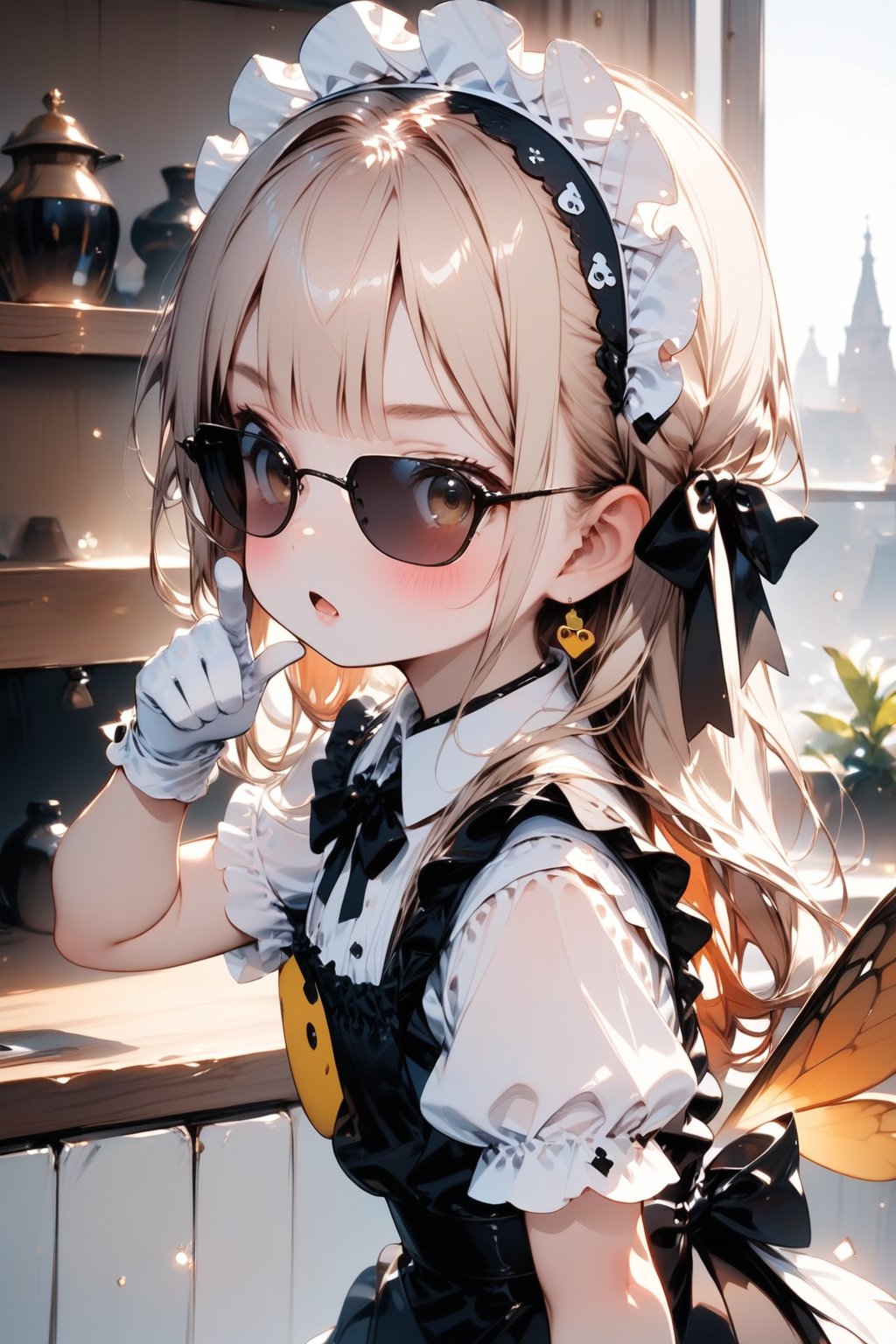 //quality, masterpiece:1.4, detailed:1.4, best quality:1.4,//,1girl,solo,loli,//,blonde hair,(long hair),blunt bangs,//,bee_wings,(sunglasses),spades_symbols,bow,maid headband,white maid_costume with spades_symbols,white gloves,//,blush,mouth_open,serious,//,walking,finger_up,looking_at_viewer,//,indoors,Deformed,agtsg,sunglasses,Details,Detailed Masterpiece,cowboy_shot,from_side,face focus,