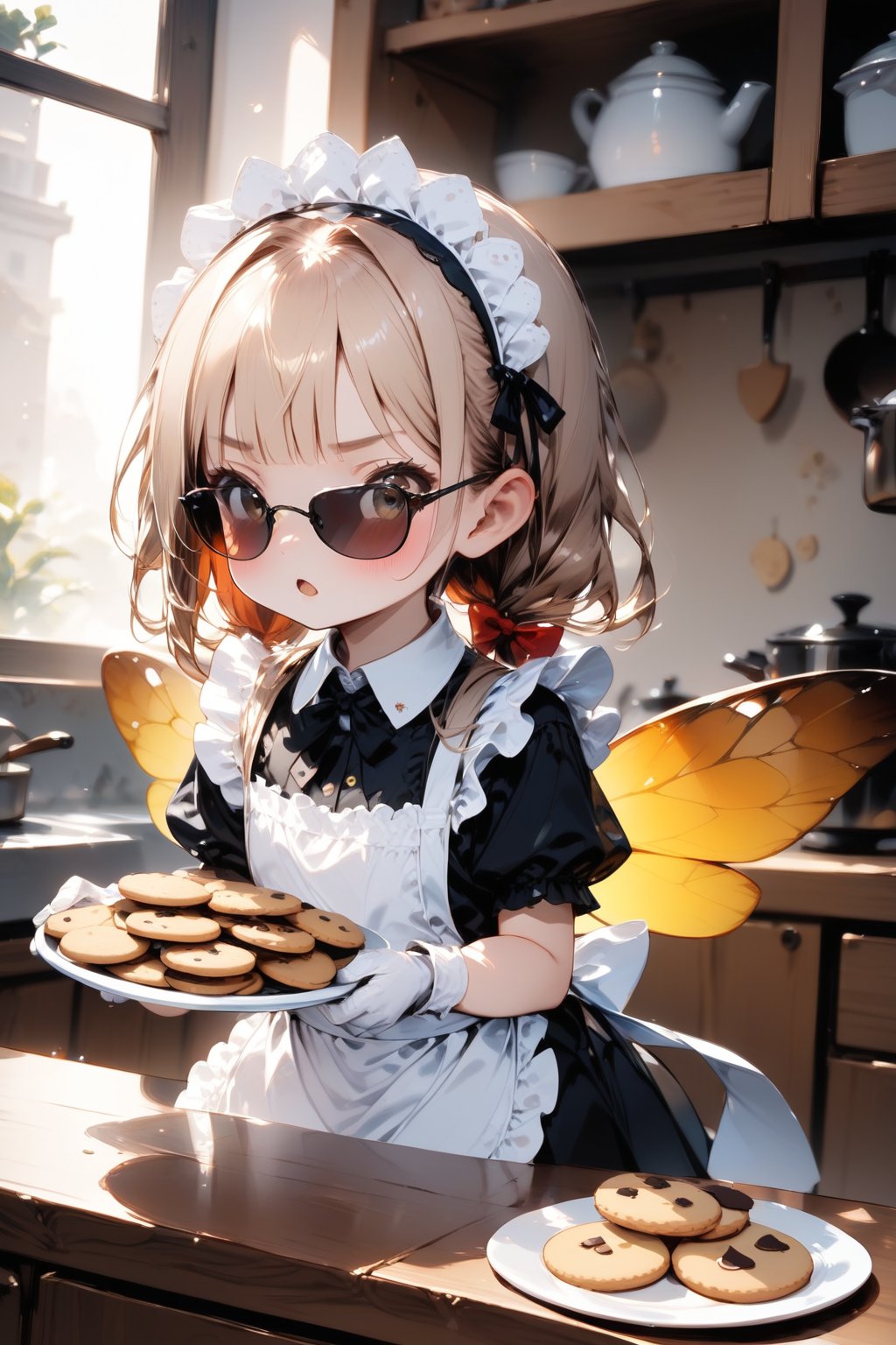 //quality, masterpiece:1.4, detailed:1.4, best quality:1.4,//,1girl,solo,loli,//,(yellow hair),(long hair),blunt bangs,//,(bee_wings), (sunglasses),(spades_symbols),bow,maid headband,white maid_costume,white gloves,//,blush,mouth_open,serious,//,(holding a dish of cookies),//,indoors,kitchen,Deformed,agtsg,sunglasses,Details,Detailed Masterpiece,