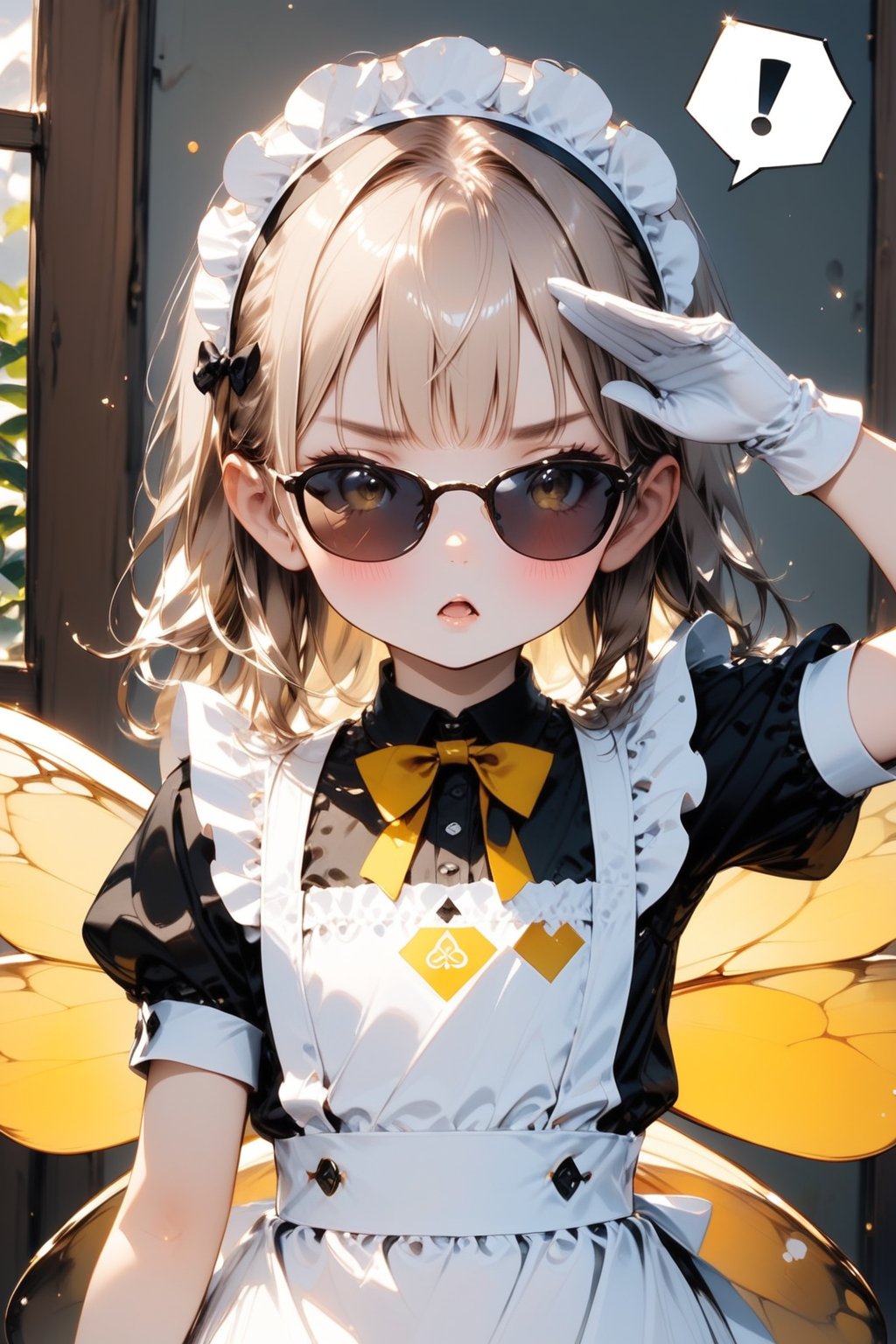 //quality, masterpiece:1.4, detailed:1.4, best quality:1.4,//,1girl,solo,loli,//,(yellow hair),(long hair),blunt bangs,//,(bee_wings), (sunglasses),(spades_symbols),bow,maid headband,white maid_costume,white gloves,//,blush,mouth_open, serious,//,speech_balloon,spoken_exclamation_mark,!,!!,hand up,(saluting),//,indoors,bees,room,cowboy_shot,Deformed,agtsg, close_up portrait,straight-on,sunglasses,Details,Detailed Masterpiece,