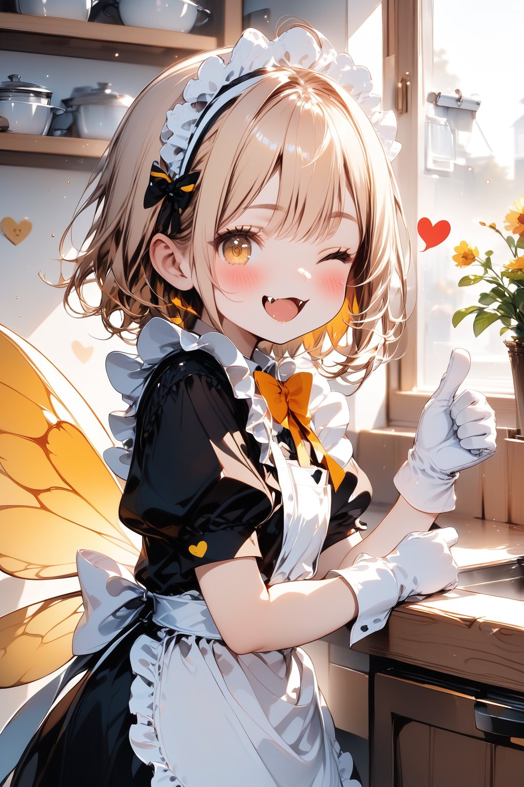 //quality, masterpiece:1.4, detailed:1.4, best quality:1.4,//,1girl,solo,loli,//,(yellow hair),short_hair,yellow eye,one_eye_closed,(winking),//,(bee_wings),(hearts_symbols),bow,maid headband,hearts_symbols, white maid_costume, white gloves,//, blush, mouth_open, smile,cute_fangs,//,(thumbs_up),//,indoors, 
kitchen,Deformed,from_side,Details,Detailed Masterpiece